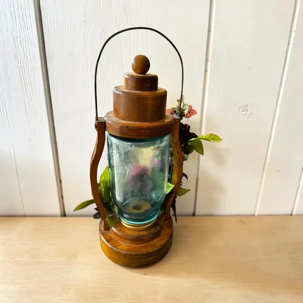 Vintage Handmade Wood Candle Lantern Aqua Perfect Mason Jar Silk Flowers